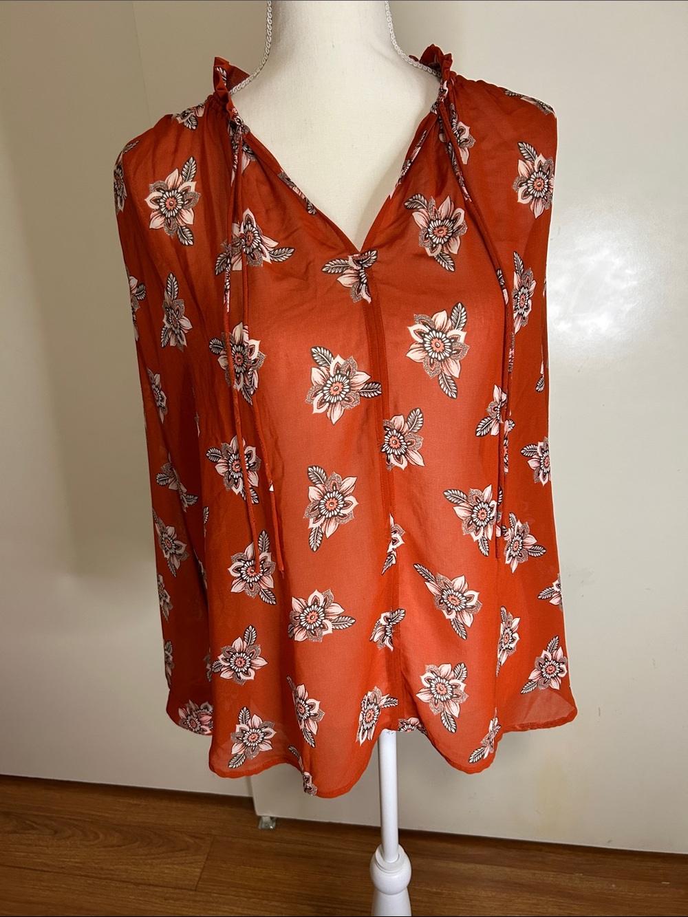 LOFT Rust Floral Tie-Neck  Blouse